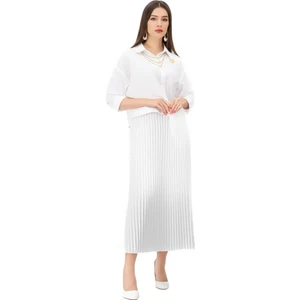 Kadın Tesettür Takım Pamuklu Keten Kumaş Kolyeli Gömlekli Etekli Oversize OPKTT25SRNMOD44