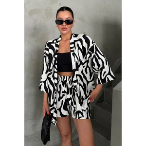 Kadın Zebra Desenli Kimono Şort Alt Üst Takım