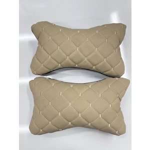 2 Adet Kapitone krem Deri Araç Boyun Yastığı, Ortopedik Boyun Yastığı, Oto Boyun Yastığı