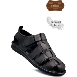 Hakiki Deri Burnu Kapalı Erkek Sandalet Siyah
