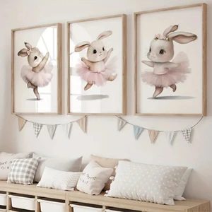 Doğal Ahşap Çerçeveli Uv Baskı 3'lü Tavşan Temalı Duvar Dekoru - Modern Şık Çocuk Odası Tablo Seti
