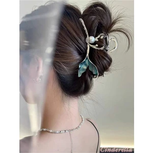 Zarif Incili Deniz Kızı Balık Kuyruğu Model Büyük Metal Mandal Toka - Gür Saç Mandallı Topuz Tokası