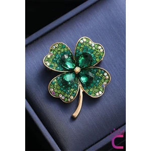 Zarif Çiçekli Kristal Taşlı Yeşil Yonca Tasarım Kadın Broş - Hediyelik Elbise Yaka Iğnesi Broşu