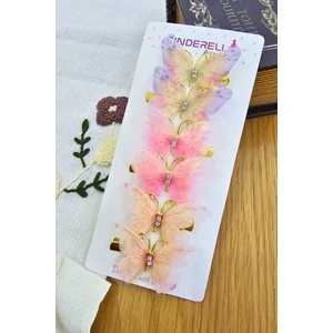 6'lı Özel Seri Tül Kanatlı Taşlı Kelebek Toka Seti 5cm - Hareketli Renkli Kelebekli Pens Saç Tokası