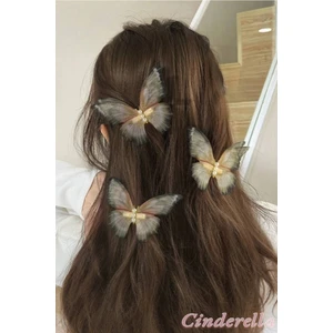 3'lü Kuru Yaprak Renkli Inci Taşlı Hareketli Tül Kelebek Toka Seti 10 cm - Büyük Boy Kelebekli Toka