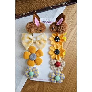 9'lu Kahverengi Tavşanlı Astarlı Kız Bebek Pens Toka Seti - Fiyonklu Çiçekli Kız Çocuk Saç Tokası