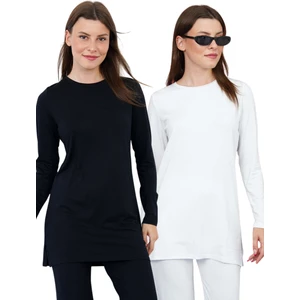 Penye Bizden Kadın Viskon Tişört 2'li Paket-Siyah-Beyaz-Siyah-Beyaz