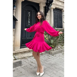 Kadın Fuşya Vatkalı Fırfır Detay Elbise