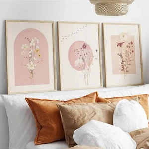 Mc Home Art Doğal Ahşap Çerçeveli Uv Baskı 3'lü Pembe Çiçek Desenli Tablo Seti – Modern & Şık Duvar Dekoru