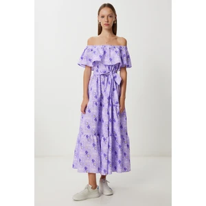 Desenli Carmen Yaka Dokuma Elbise LFG0123 Lila