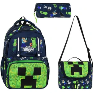 Ilkokul Çantası Minecraft 3'lü Set 42*30 cm Beslenme Çantası Kalem Kutusu Ortopedik Erkek Çocuk
