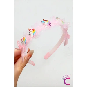 Kız Çocuk Sevimli Fiyonklu Unicorn Taç Pembe - Kurdele Çocuk Taç Saç Bandı Toka Prenses Tacı