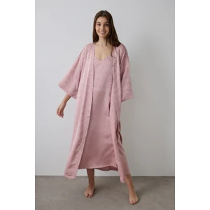 Gül Kurusu Emma Zebra Desenli Saten Uzun Kol Sabahlık