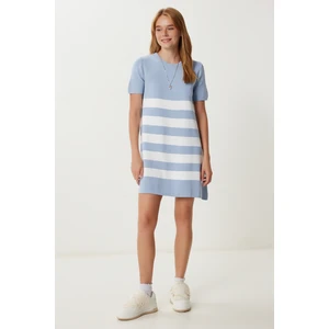 Çizgili Esnek Mini Triko Elbise LUB0165 Mavi