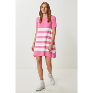 Çizgili Esnek Mini Triko Elbise LUB0165 Pembe