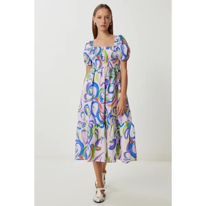 Balon Kollu Desenli Dokuma Elbise LFG0088 Lila Mavi