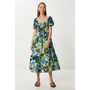 Balon Kollu Desenli Dokuma Elbise LFG0074 Yeşil Mavi