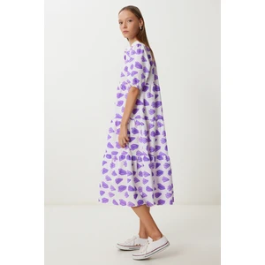 Desenli Volanlı Yazlık Dokuma Elbise LFG0045 Mor Beyaz