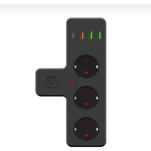 Usb-C ve Usb-A Girişli Duvar Tipi Akım Korumalı 3'lü Priz – 4 USB Portlu, Anahtarlı, Siyah Tasarım