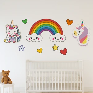 Unicorn ve Gökkuşağı Temalı Çocuk Odası Mdf Duvar Süsü Seti – 3 mm Uv Baskılı Ahşap Dekor