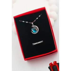 Trend Collection Kadın Paslanmaz Çelik Gümüş Zirkon Taşlı Gökyüzü Kolye ve Taç Yüzük Set