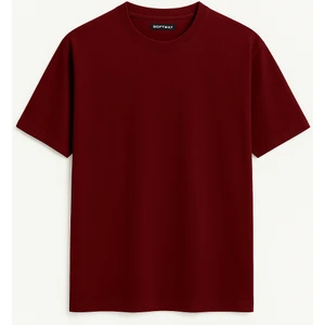 Unisex Bisiklet Yaka %100 Organik Pamuklu Kalın Dokulu Düz Oversize T-Shirt - Bordo