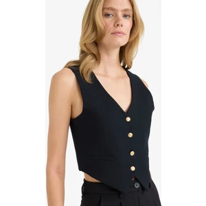 Crop V Yaka Keten Karışımlı Blazer Siyah Yelek C7798AX25SM