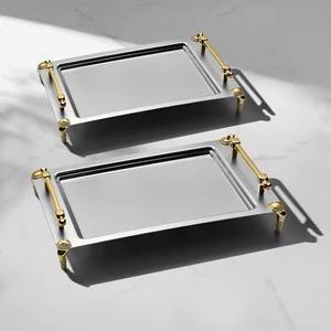 Verona Ayaklı 2'li Altın Saten Çelik Tepsi Seti