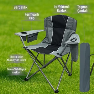 Kamp Sandalyesi Xl Buz Çantalı Kamp Koltuğu Xl Kalın Profil Siyah Gri