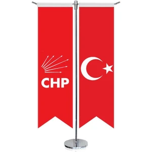 Kırmızı Cumhuriyet Halk Partisi Chp Bayrağı ve Türkiye Kırlangıç Saten T Direk Masa Bayrağı 2'li