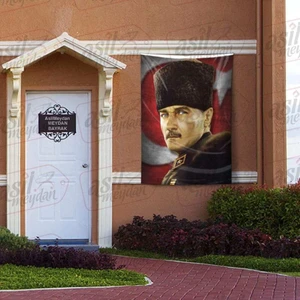Mavi Gözlü Kalpaklı Gazi Mustafa Kemal Atatürk Ay Yıldız Türk Bayrağı Poster Bayrak 100 x 150 cm