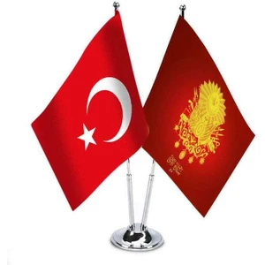 Osmanlı Imp. Çanakkale Zaferi 57. Piyade Alay Sancağı ve Türkiye İkili Saten Masa Bayrağı Set