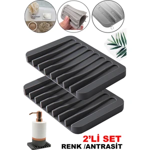 Antrasit Renk Su Giderli Mutfak Banyo Katı Sabunluk Bulaşık Süngeri Tutacağı Silikon Organizer S-1
