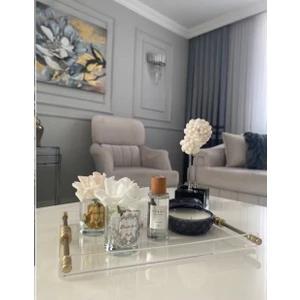 Halka Detaylı Kulp 4-6 Kişilik Çay/kahve/söz/nişan Pleksi Sunum Tepsisi Mat Gold Kulp Renginde