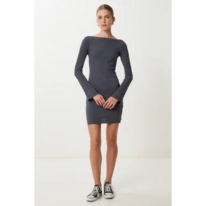 Basic Fitilli Örme Mini Elbise LUB0177 Antrasit