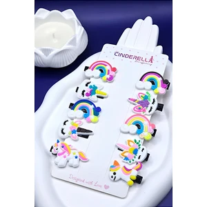 10'lu Çiçek Unicorn Gökkuşağı Detaylı Kız Çocuk Pens Toka Seti - Sevimli Bebek Saç Tokası Klips Toka