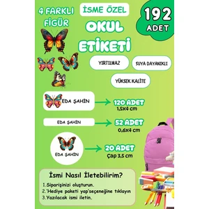 Isme Özel Okul Etiketi Kalem/defter/matara Etiketi Sticker Kelebek Temalı 192 Adet