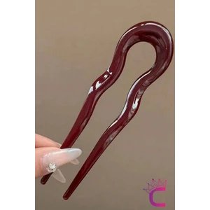 Bordo Geometrik Tasarım Asetat Kadın Saç Topuz Tokası 12.5 cm - Çubuk Toka Saç Çubuğu Aksesuar