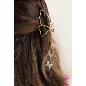 Sallantılı Kelebekli Orta Boy Kadın Metal Mandal Toka 8cm - Zarif ve Şık Mandallı Saç Topuz Tokası