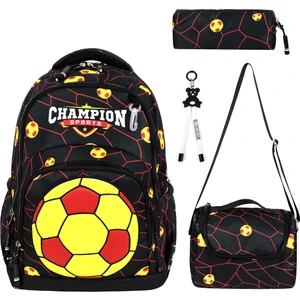 Futbol Topu Desenli Üçlü Erkek Çocuk Ilkokul Okul Çantası Seti (Çanta Termal Beslenme Kalemlik)