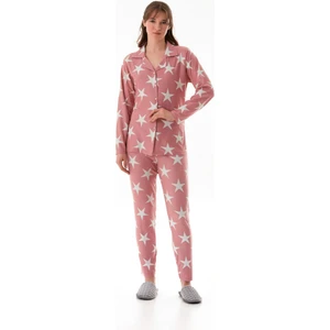Yıldız Desenli Gömlek Yaka Süet Pijama Takımı