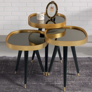 İnegöl Sehpa 3'Lü Siyah Aynalı Yuvarlak Zigon Sehpa Gold Çerçeveli Ahşap Lüx Ayaklı D1