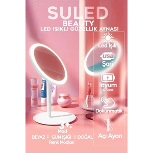 Beyaz Makyaj Aynası 3 Modlu LED Işıklı USB Şarjlı Yuvarlak Taşınabilir Açı Ayarlı Güzellik Aynası