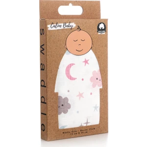Caline Baby %100 Pamuk Premium & Hafif Müslin Bezi Örtüsü I 90x75 cm I Pembe I Bulut Desenli &  2 Adet Ağız Mendili 27x27cm
