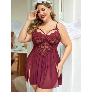 Kadın Büyük Beden Fantezi Gecelik Big Size Beden Bordo Tül Dantel Battal Beden Fantazi Gecelik Takımı Geniş Beden Gecelik