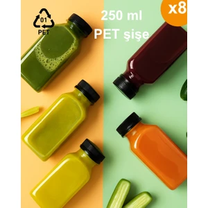 8 Adet 250 ml Köşeli Detox, Meyve Suyu, Sporcu, Diyet Beslenme- Boş Pet Şişe(Siyah Kilitli Kapaklı)