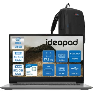 Ideapad 3 17IAU7 Intel Core I5-1235U 40GB 512GB SSD Freedos Intel Iris Xe Graphics IPS 17.3 Inç Fullhd 300NITS Taşınabilir Bilgisayar 82RL00CLTXF22 + Zetta Çanta