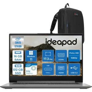 Ideapad 3 17IAU7 Intel Core I5-1235U 16GB 512GB SSD Windows 11 Home Intel Iris Xe Graphics IPS 17.3 Inç Fullhd 300NITS Taşınabilir Bilgisayar 82RL00CLTXH12 + Zetta Çanta