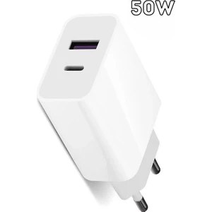 Type - C + Usb Giriş Şarj Adaptörü 50W QC3.0 Pd Hızlı Şarz Iphone Xiaomi Huawei Samsung Oppo Uyumlu