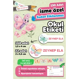 Okul Etiketi Kalem Defter Isimli Etiket Isim Yazılabilen Kelebekli - 190 Adet Özel Tasarım